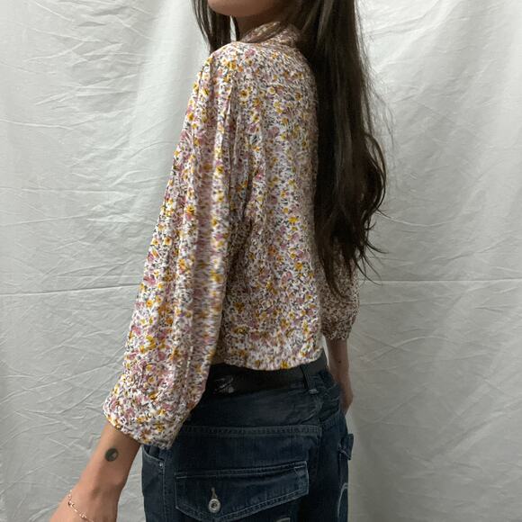 rollas dainty floral print boho balloon sleeve button back cropped blouse top - Picture 5 of 8